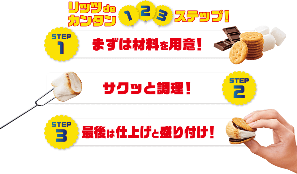 リッツdeカンタン123ステップ！STEP1：まずは材料を用意！STEP2：サクッと調理！STEP3：最後は仕上げと盛り付け！