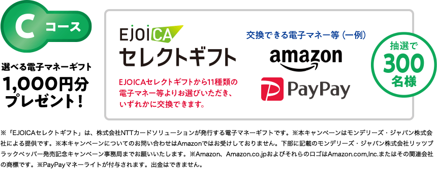 Cコース：選べる電子マネーギフト1,000円分プレゼント！（EJOICAセレクトギフトから11種類の電子マネー等よりお選びいただき、いずれかに交換できます。）抽選で200名様